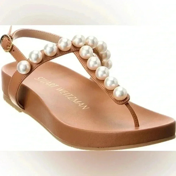 Stuart Weitzman‎ NWOB Women's Goldie Pearl Demi Wedge Thong Sandals Size 5.5 - Picture 1 of 7
